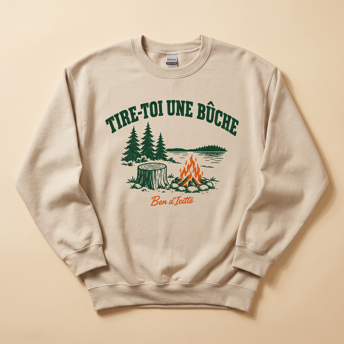 Coton ouaté sable Tire-toi une bûche, sapins, lac et feu de camp