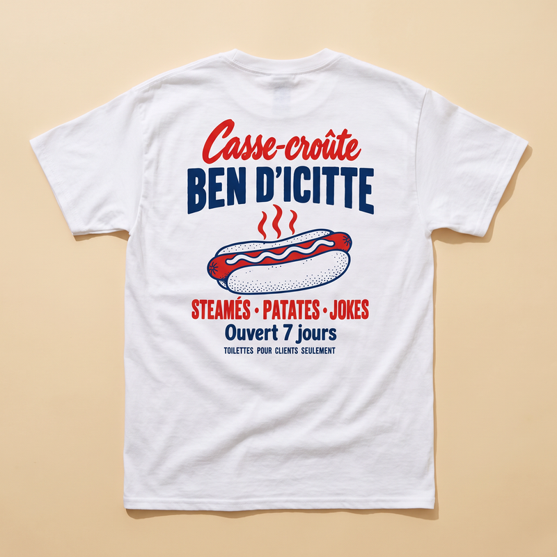 Dos du t-shirt blanc Casse-croûte Ben d'Icitte, hot-dog steamé, Steamés · Patates · Jokes