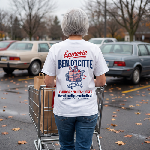 Le t-shirt Épicerie porté dans un stationnement d'épicerie en automne